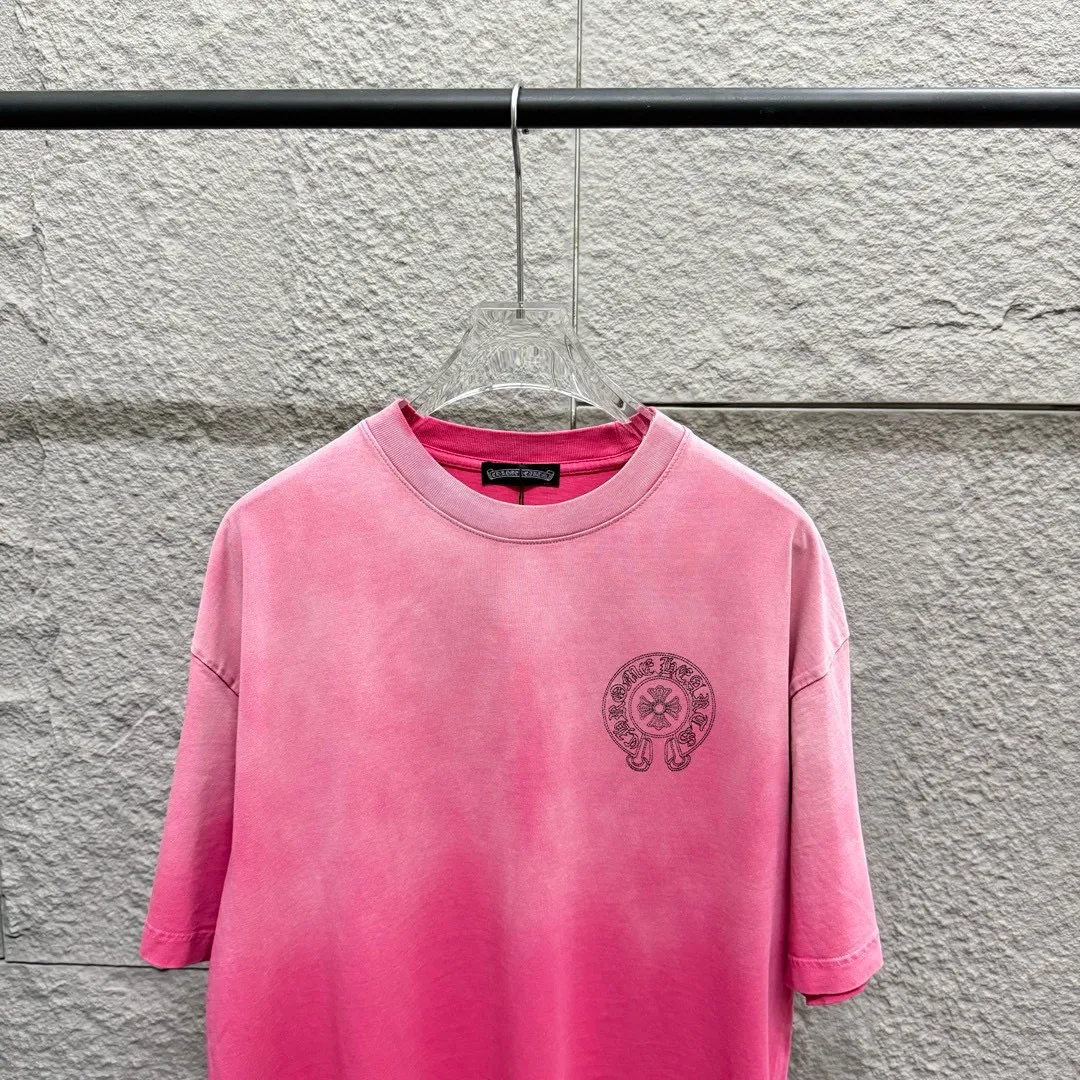 🅿️200 CH Croix Heart 2025 Summer New Style Heavy Acid Washing Gradient Distressing Chest Logo Classic Embroidery Customized Fabric Short Sleeve T-shirt Unisex Size: S M L